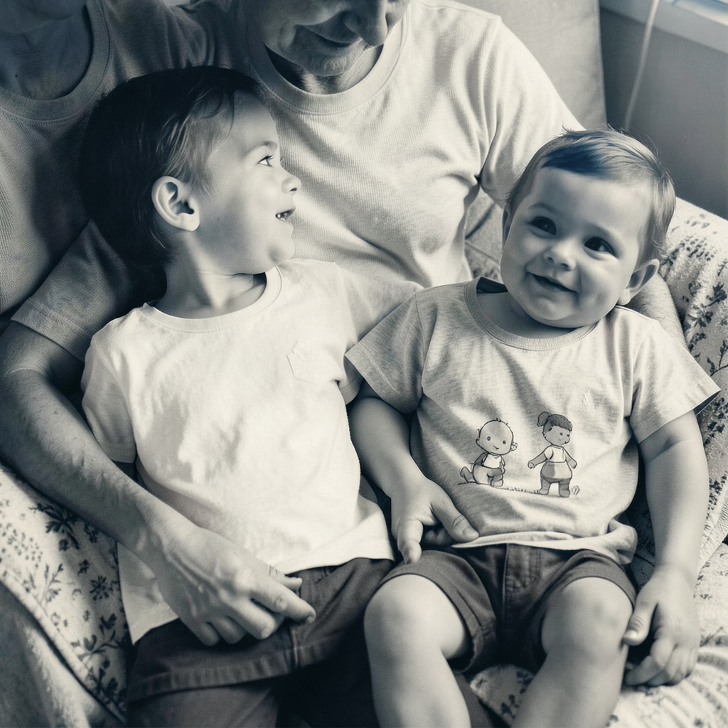 Duotone charcoal and cream photograph of a matching set of adult and child tees, warm family mood.